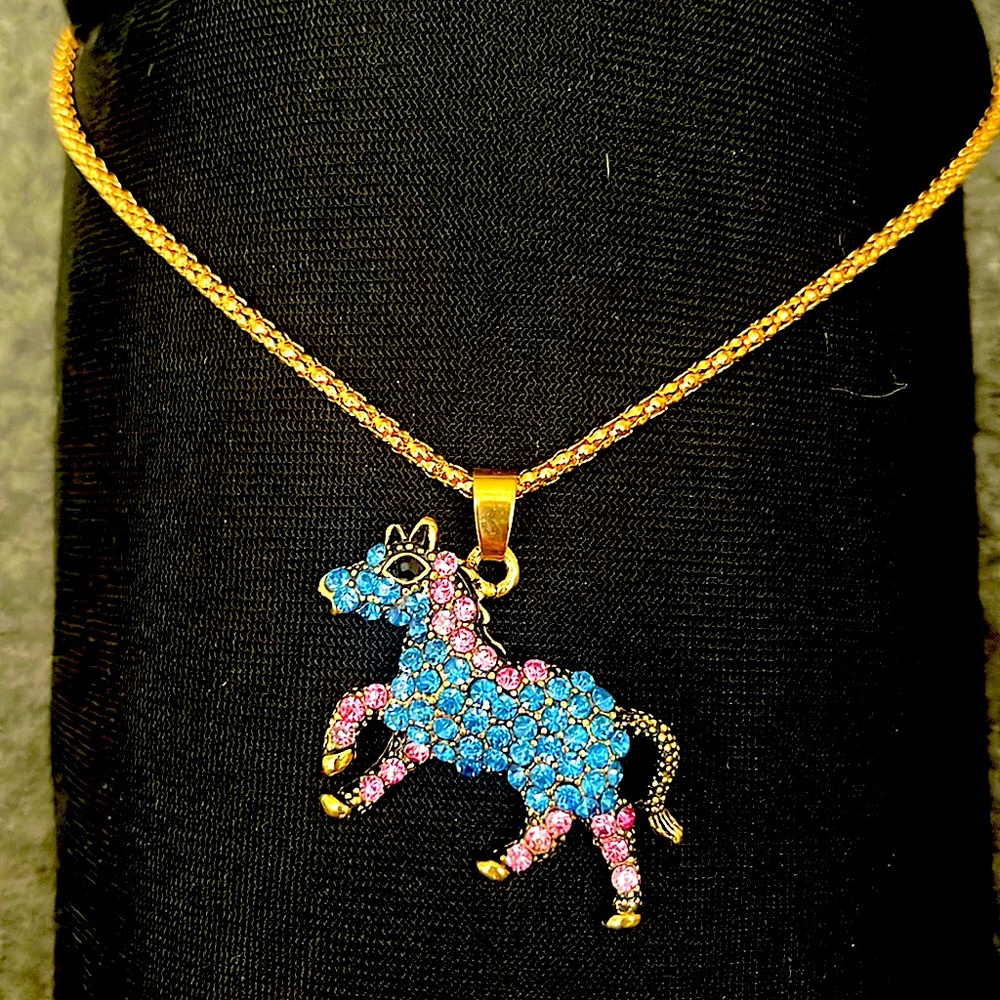 Betsey Johnson Blue/Pink Running Horse Pendant Necklace
